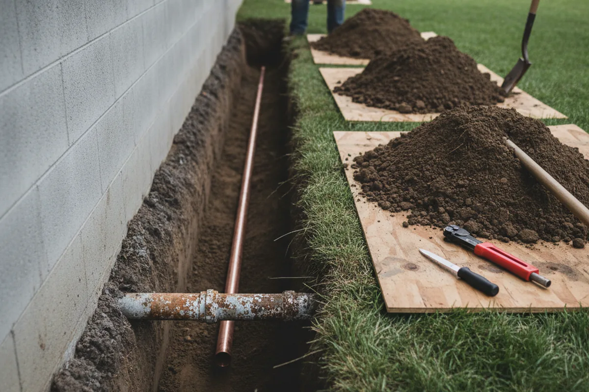 Excavated water line trench during Water Softener Installation in Crane